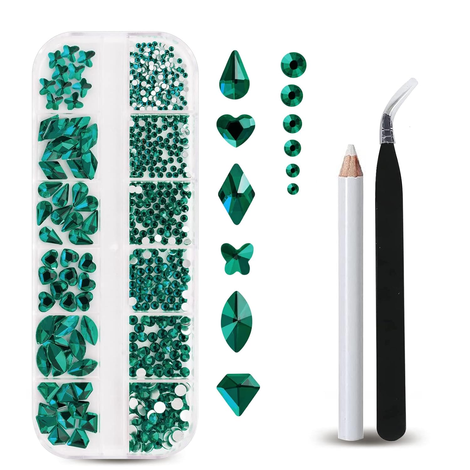 Nail Art Emerald Green - 12'li Izgaralar Zümrüt Flatback Tırnak Rhinestones,